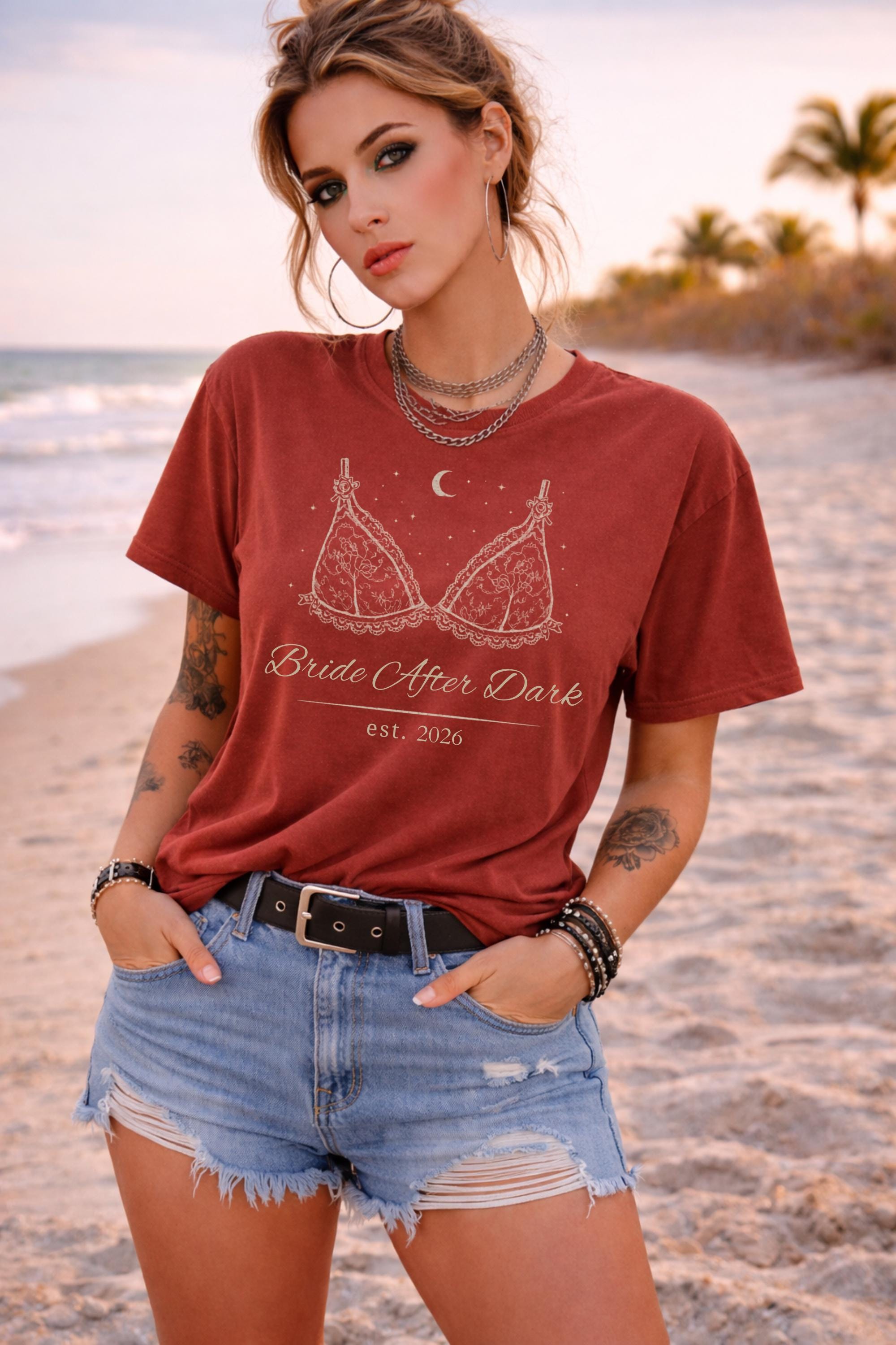 dark romance bride after dark design printed on comfort colors t-shirt with lace lingerie graphic and moon details
