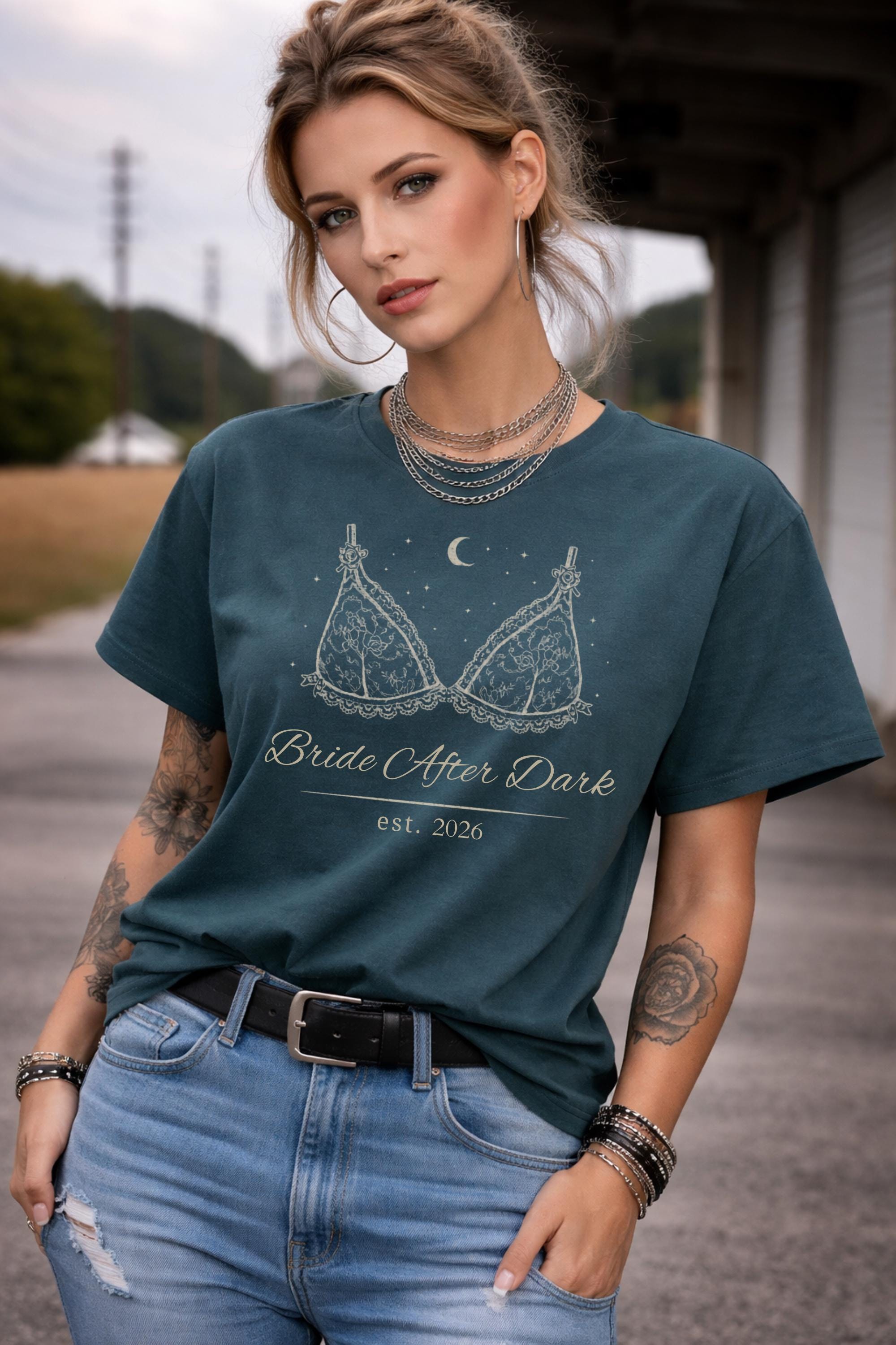 dark romance bride after dark design printed on comfort colors t-shirt with lace lingerie graphic and moon details