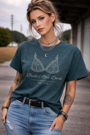 dark romance bride after dark design printed on comfort colors t-shirt with lace lingerie graphic and moon details