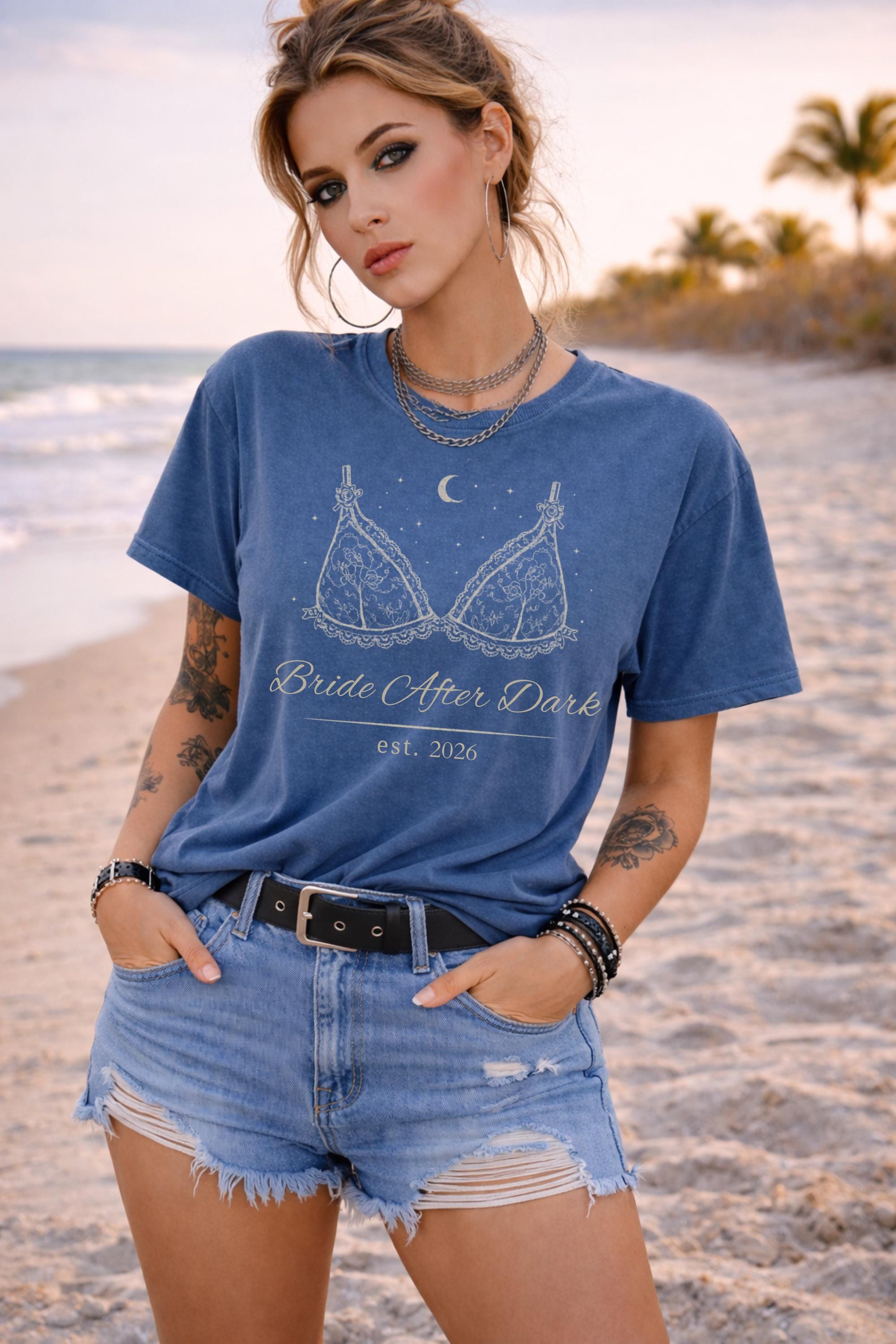 dark romance bride after dark design printed on comfort colors t-shirt with lace lingerie graphic and moon details