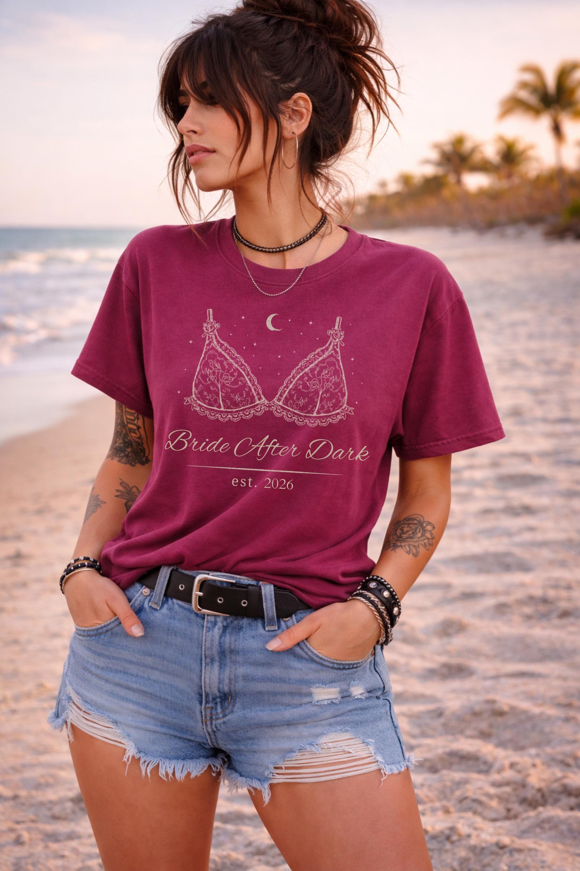 dark romance bride after dark design printed on comfort colors t-shirt with lace lingerie graphic and moon details