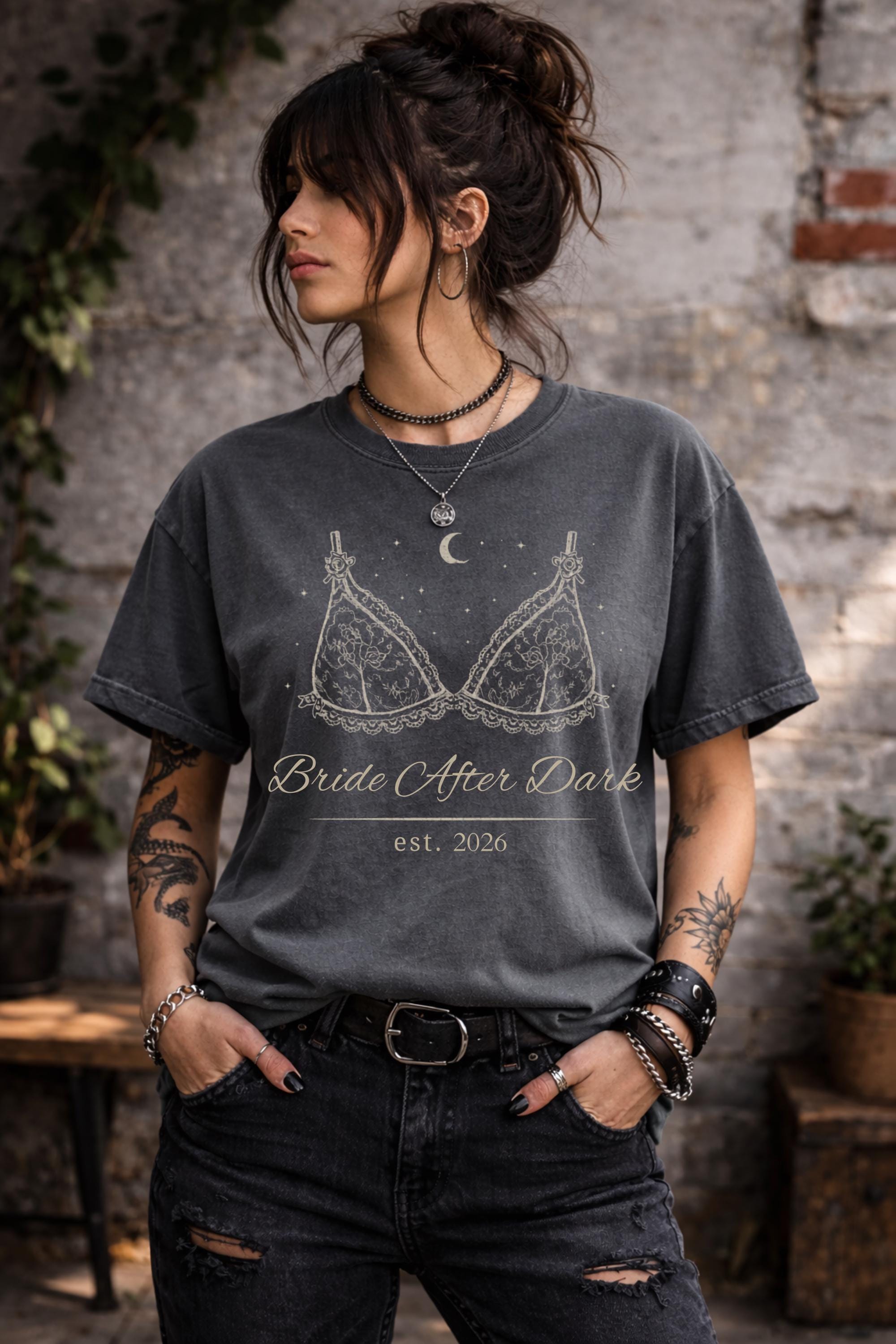 dark romance bride after dark design printed on comfort colors t-shirt with lace lingerie graphic and moon details