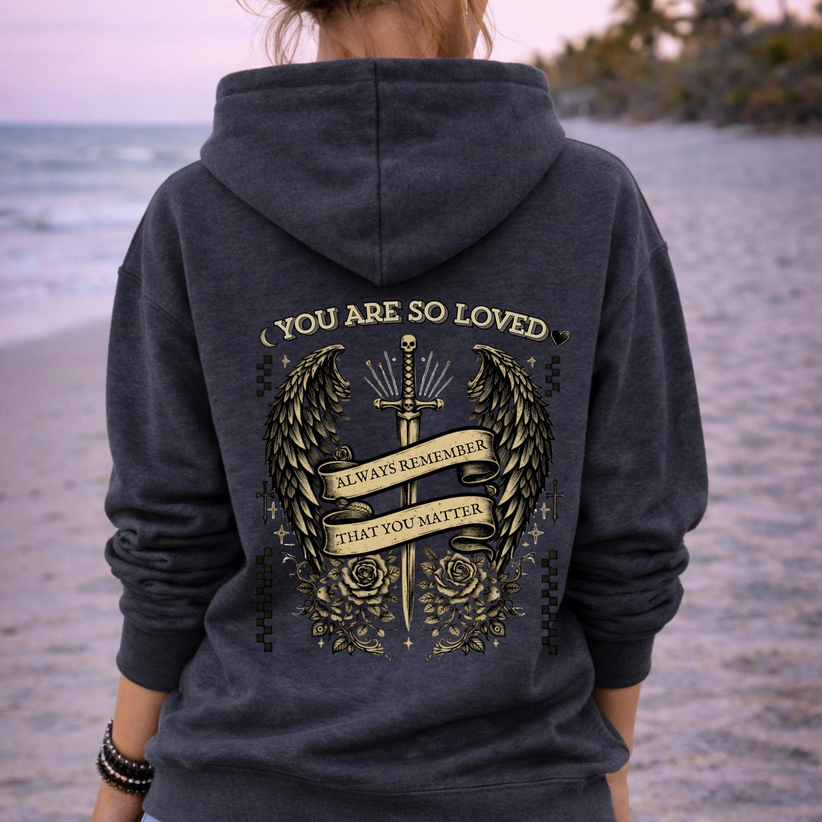 Edgy mental health hoodie with dark romantic style artwork