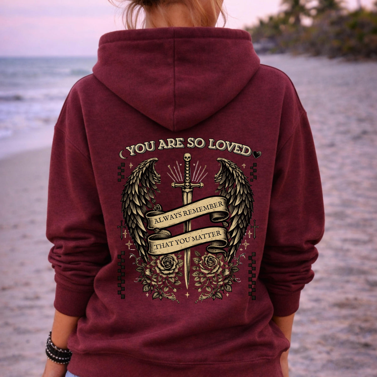 Dark aesthetic hoodie with “Always Remember That You Matter” message
