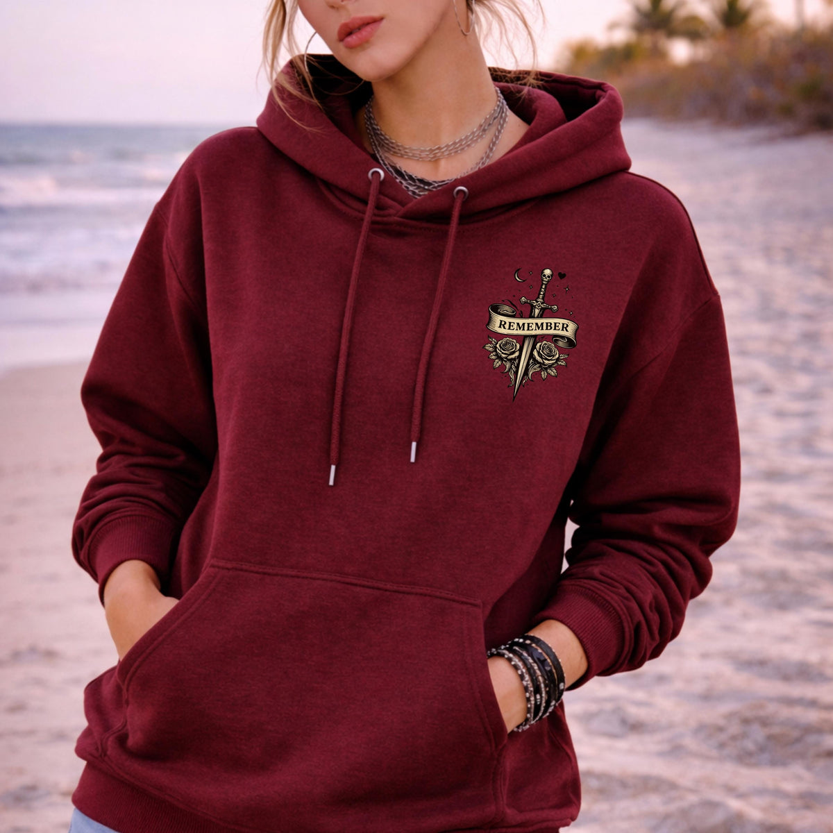 Minimal front chest gothic emblem with dagger and roses