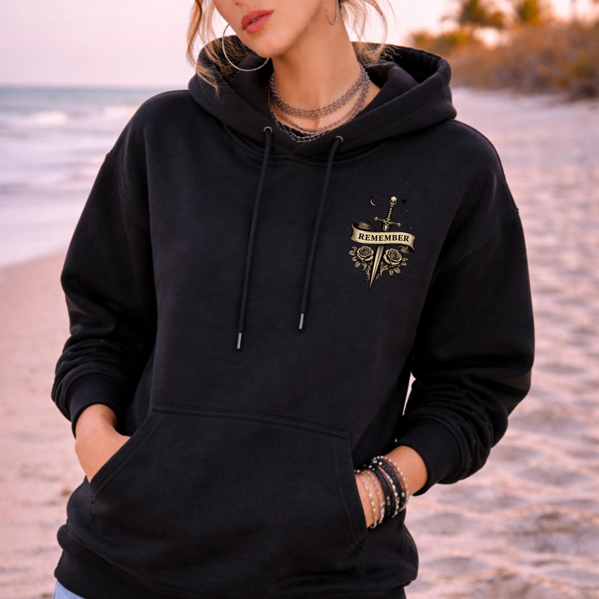 Minimal front chest gothic emblem with dagger and roses
