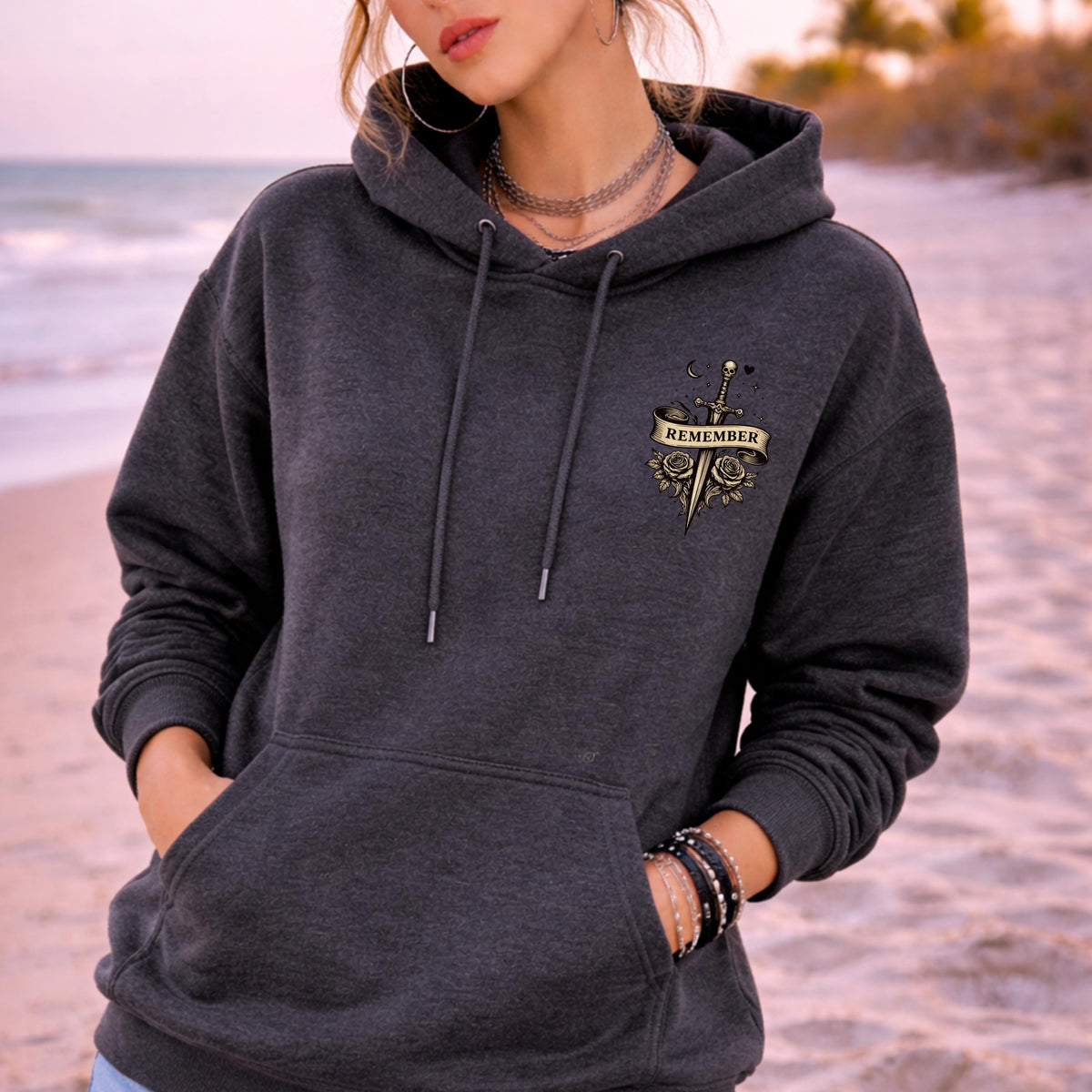 Minimal front chest gothic emblem with dagger and roses