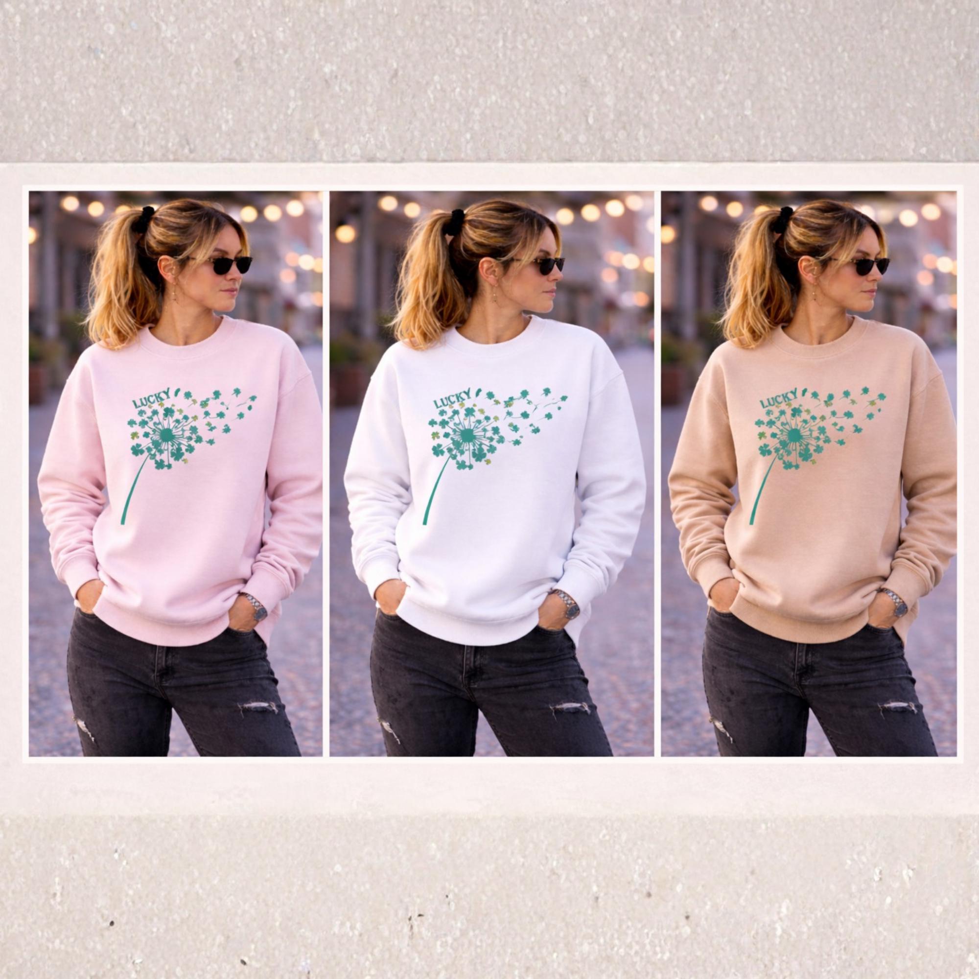 Woman modeling Gildan 18000 crewneck sweatshirt in pink, white, and sand colors showing front, back, and side views in outdoor lifestyle setting