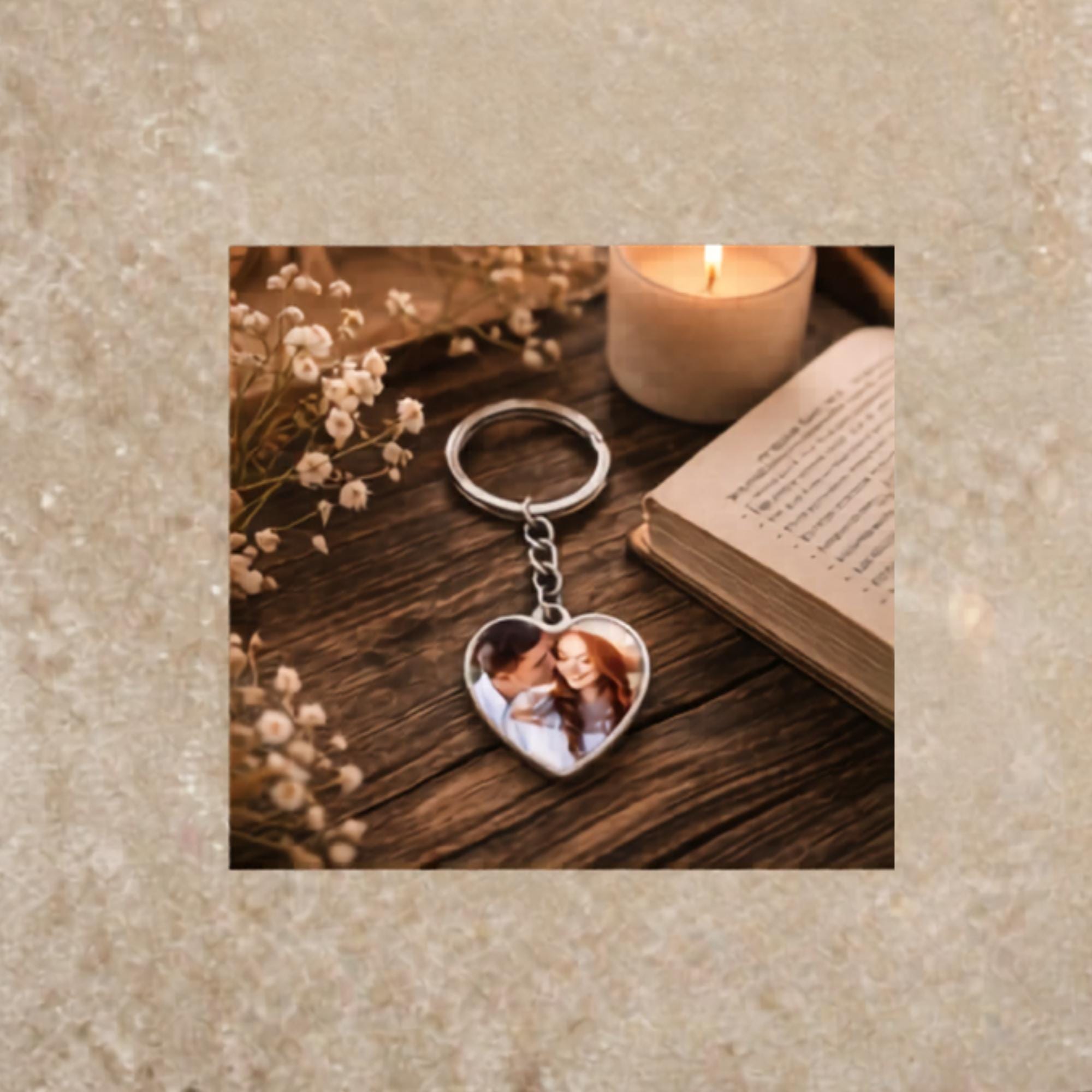 Silver heart keychain with romantic couple photo on cozy styled background