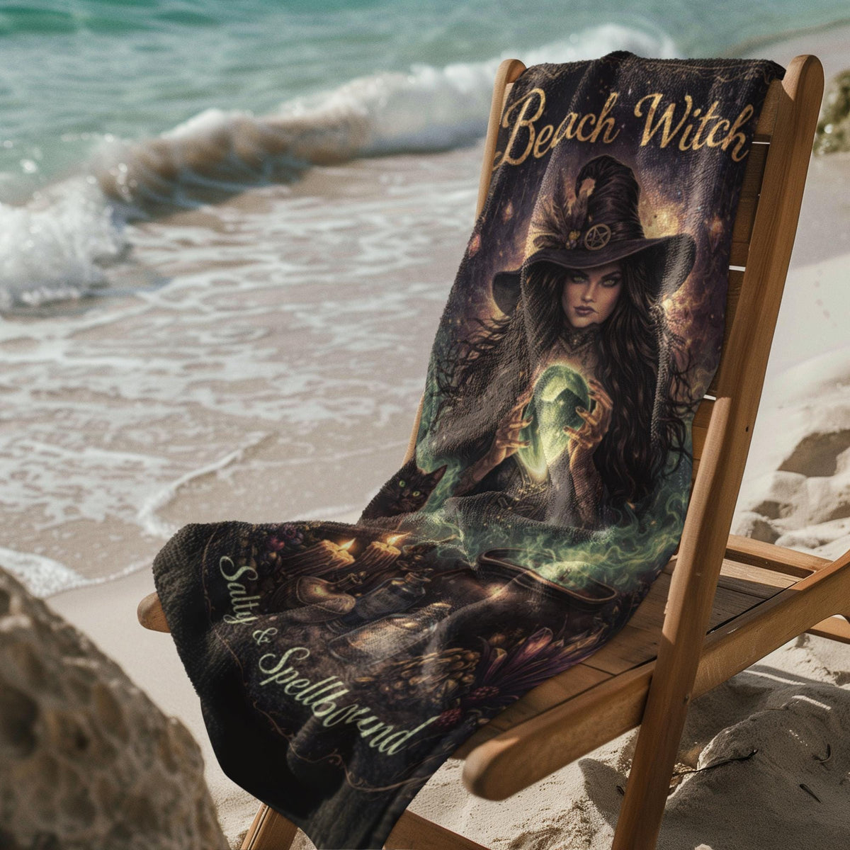 Beach witch towel with witch holding crystal ball and text salty and spellbound on beach chair by ocean