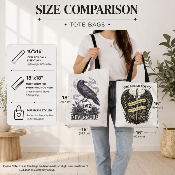 A detailed image of the size comparison on the tote bags, with a gothic design on the front.