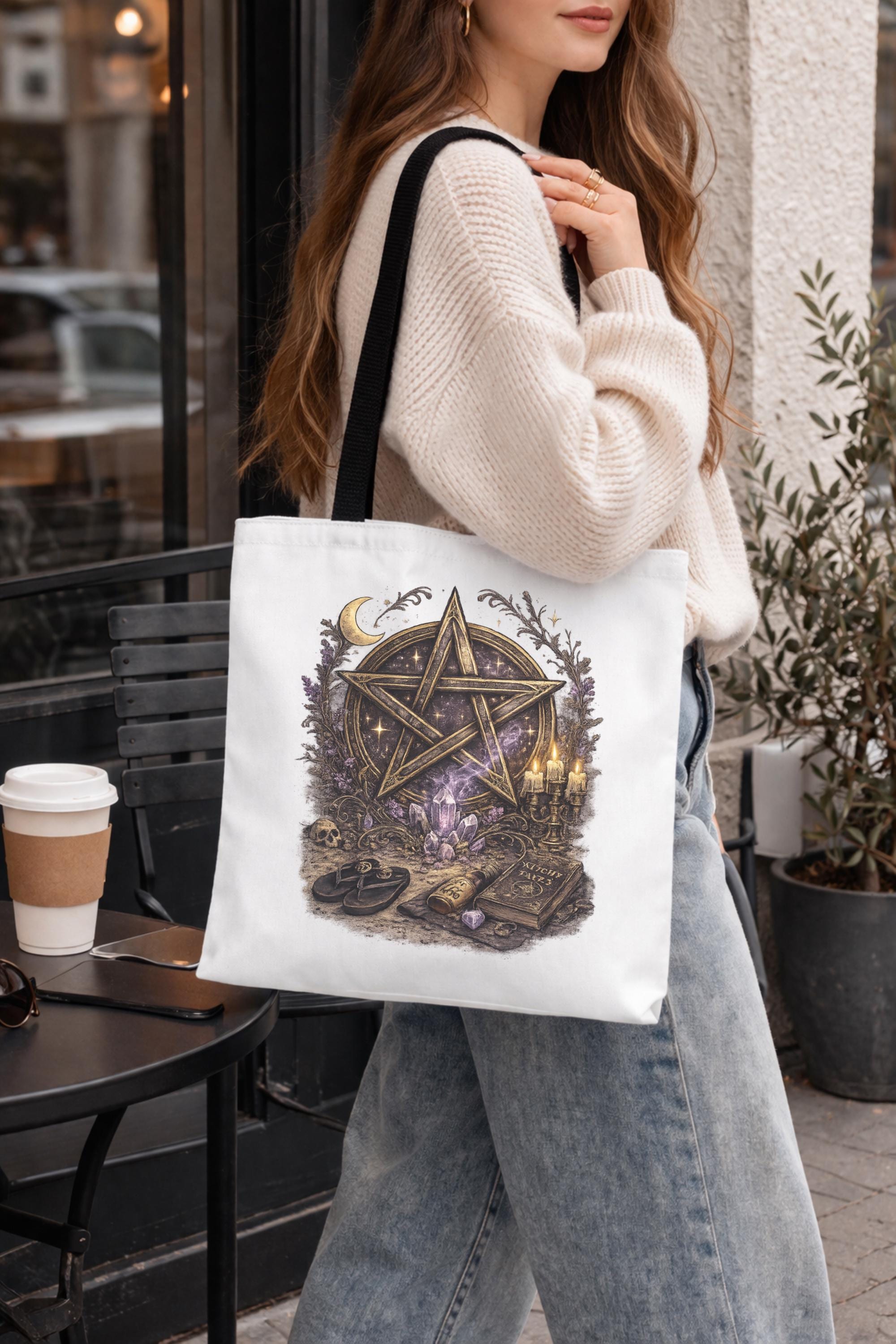 witchy aesthetic tote bag with pentacle and crystal symbol