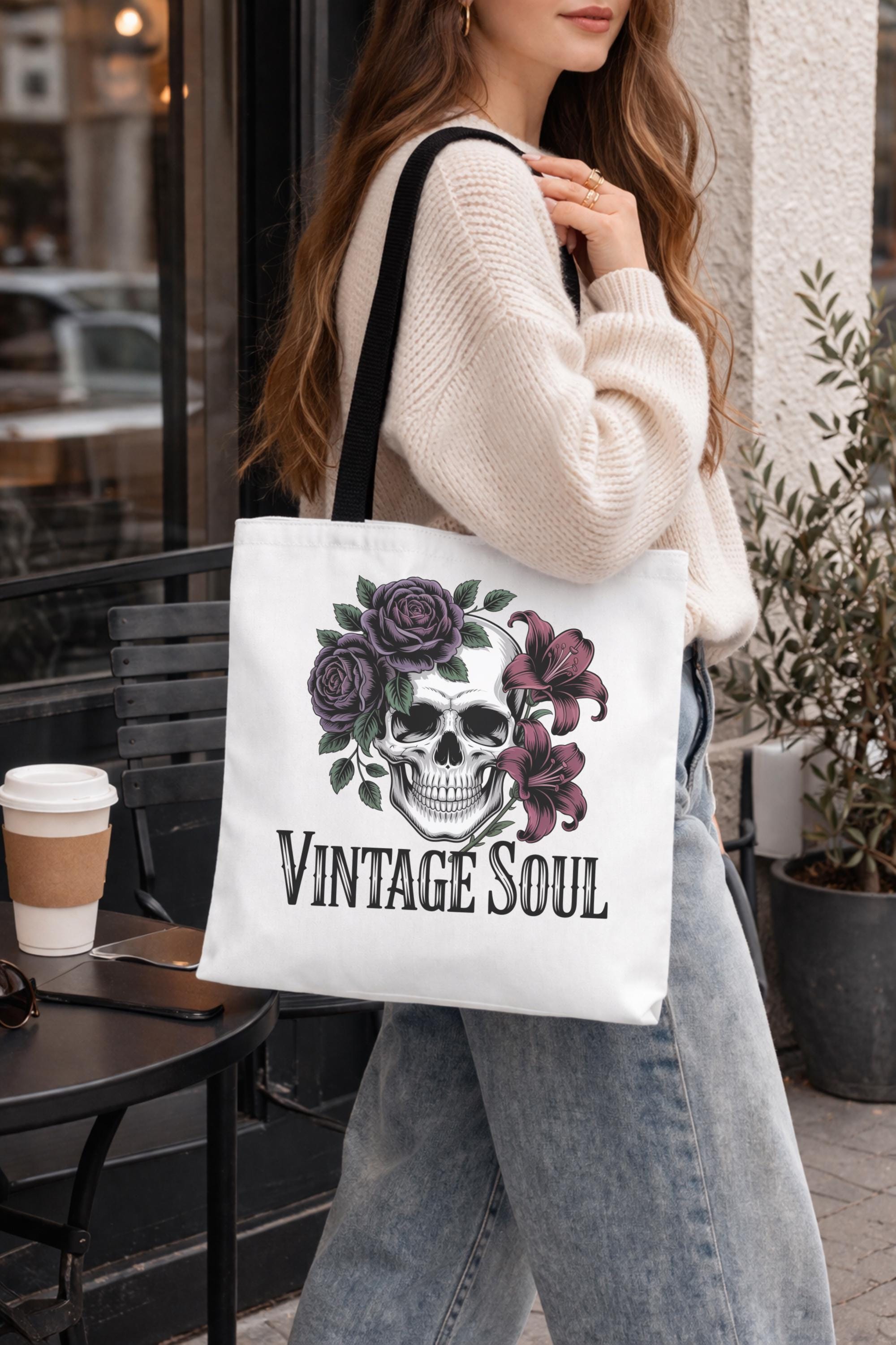 skull tote bag with roses and edgy gothic Vintage Sould text on the design.