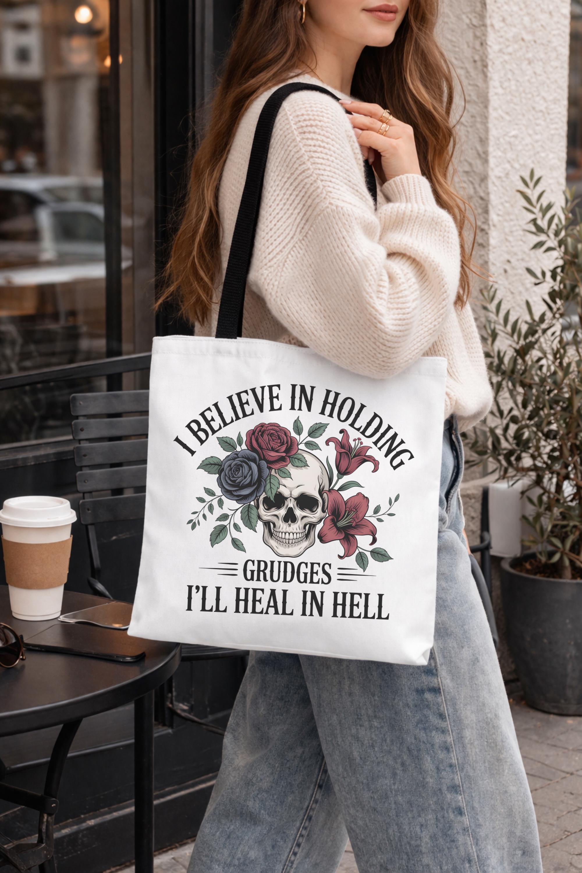 gothic tote bag with skull and floral design on canvas bag