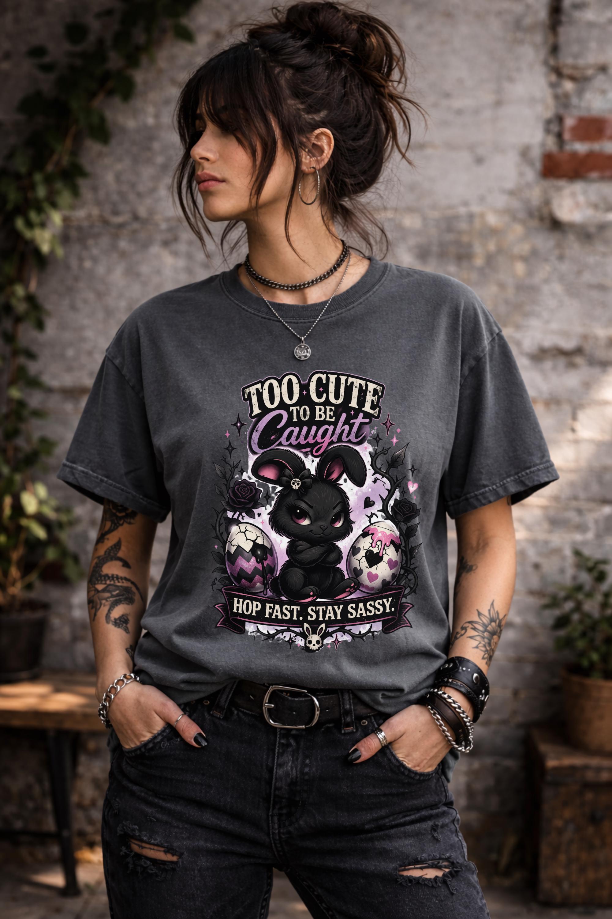 Woman wearing black graphic t-shirt with cute edgy bunny illustration and text Too Cute To Be Caught styled with denim jeans and accessories