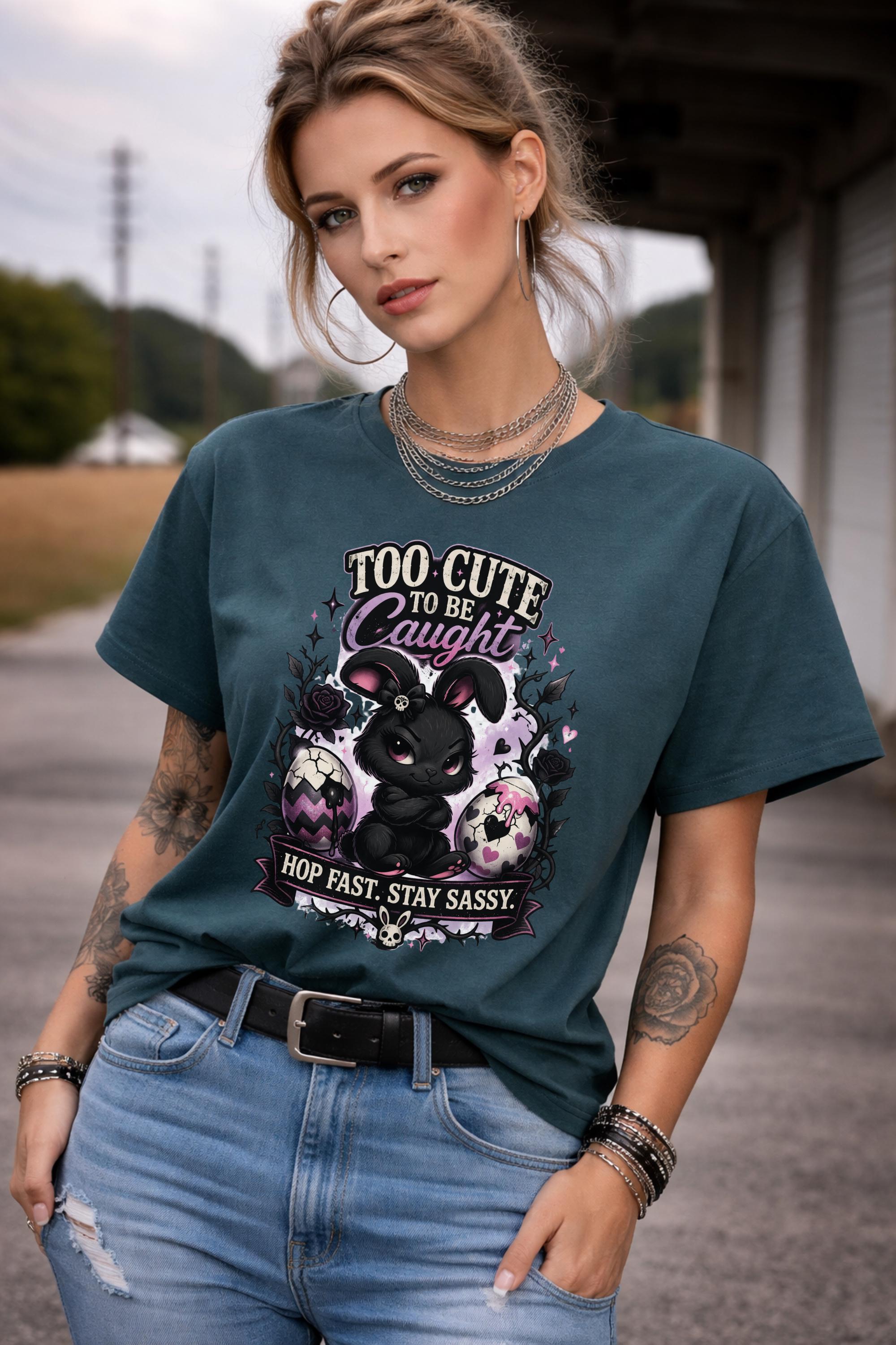Woman wearing black graphic t-shirt with cute edgy bunny illustration and text Too Cute To Be Caught styled with denim jeans and accessories