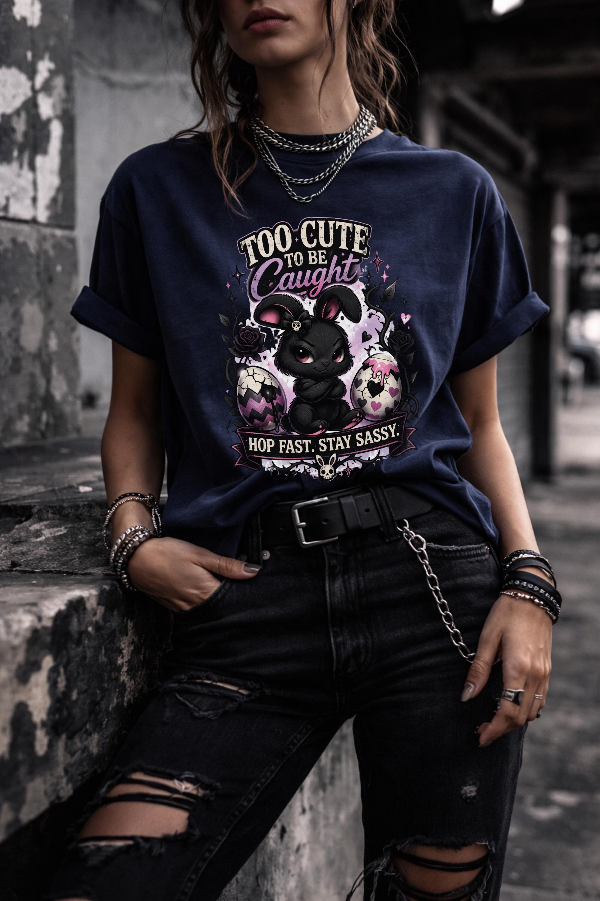 Woman wearing black graphic t-shirt with cute edgy bunny illustration and text Too Cute To Be Caught styled with denim jeans and accessories