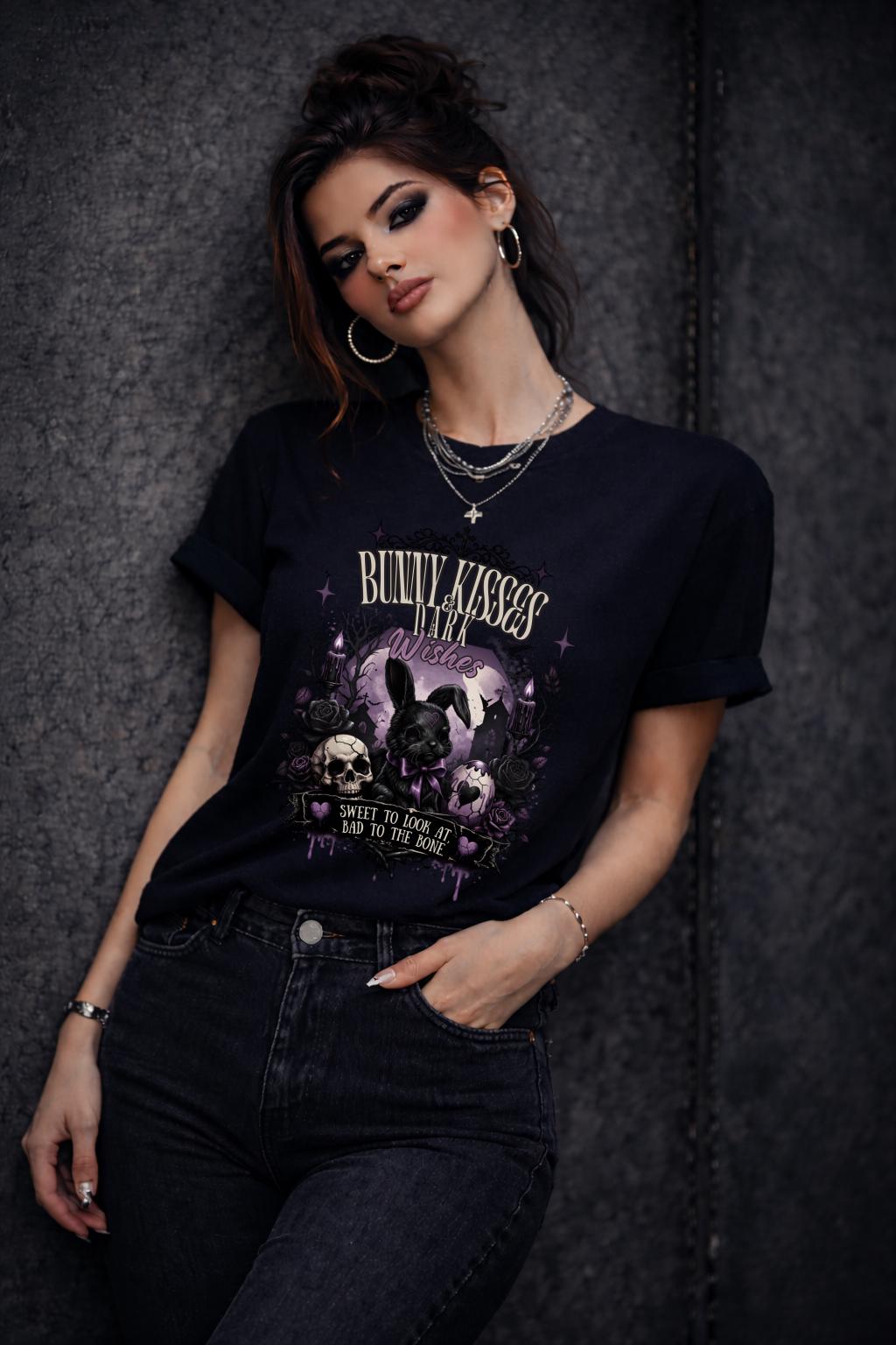 Woman wearing dark gothic bunny graphic t-shirt with text Bunny Kisses Dark Wishes Sweet To Look At Bad To The Bone styled with black jeans