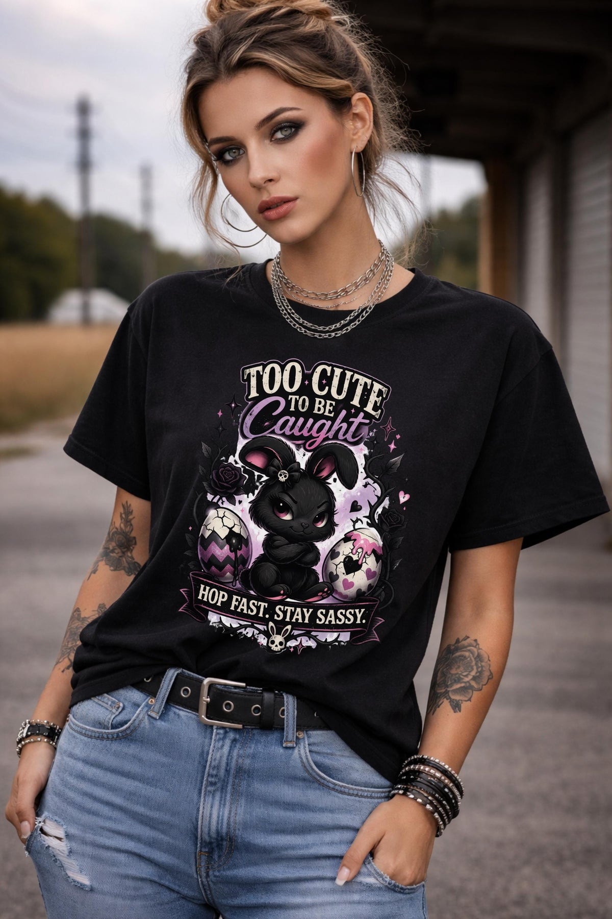 Woman wearing black graphic t-shirt with cute edgy bunny illustration and text Too Cute To Be Caught styled with denim jeans and accessories