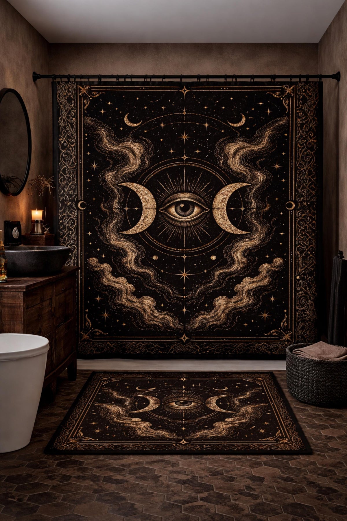 Gothic celestial shower curtain and bath mat set with all seeing eye crescent moons and ornate black gold witchy bathroom decor