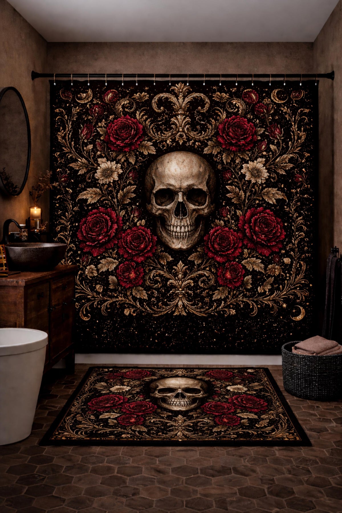 gothic skull bath shower set black and red roses, dark floral skull bathroom rug set, witchy