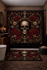 gothic skull bath shower set black and red roses, dark floral skull bathroom rug set, witchy