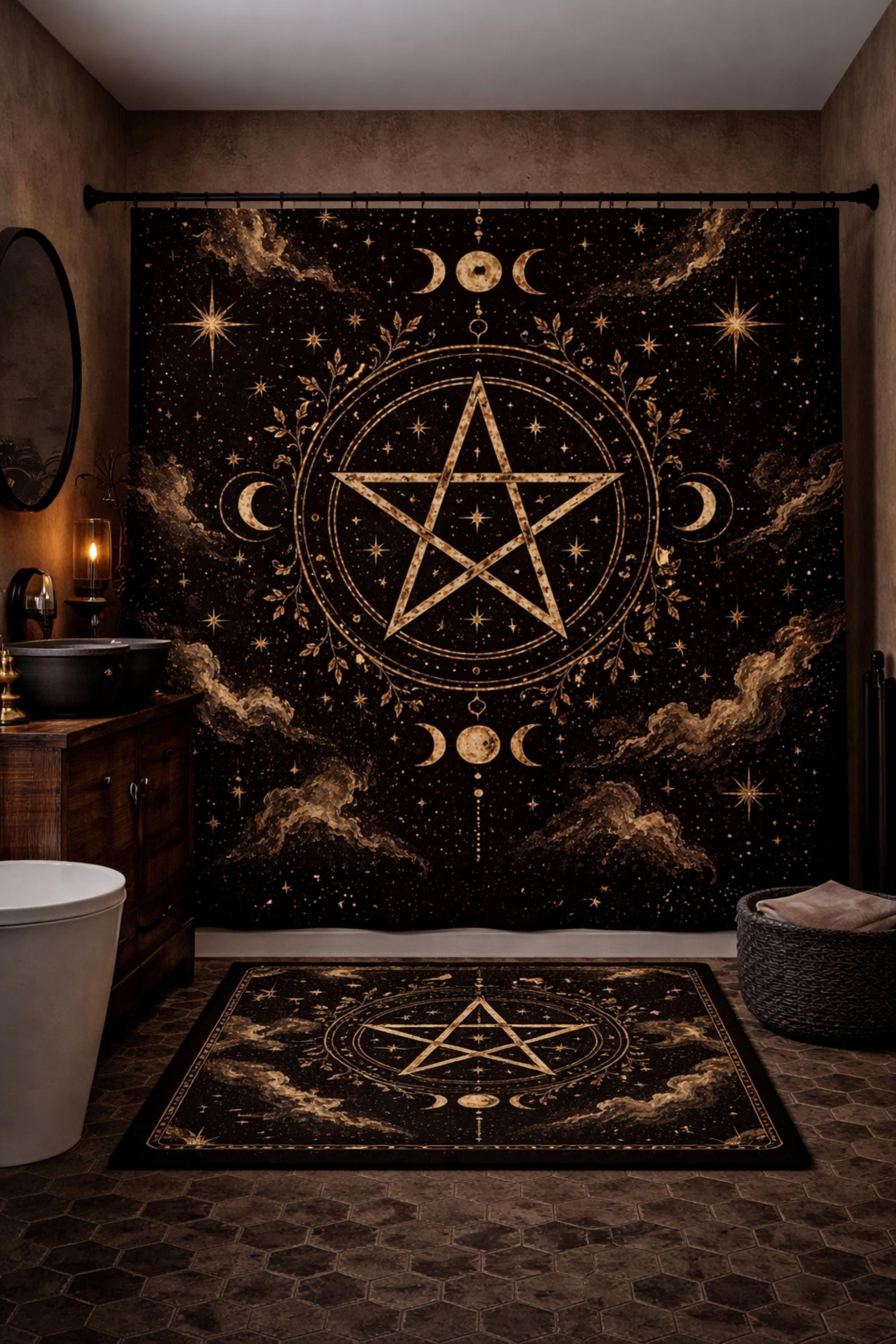 Gothic pentagram shower curtain and bath mat set with celestial moon phases black gold witchy bathroom decor