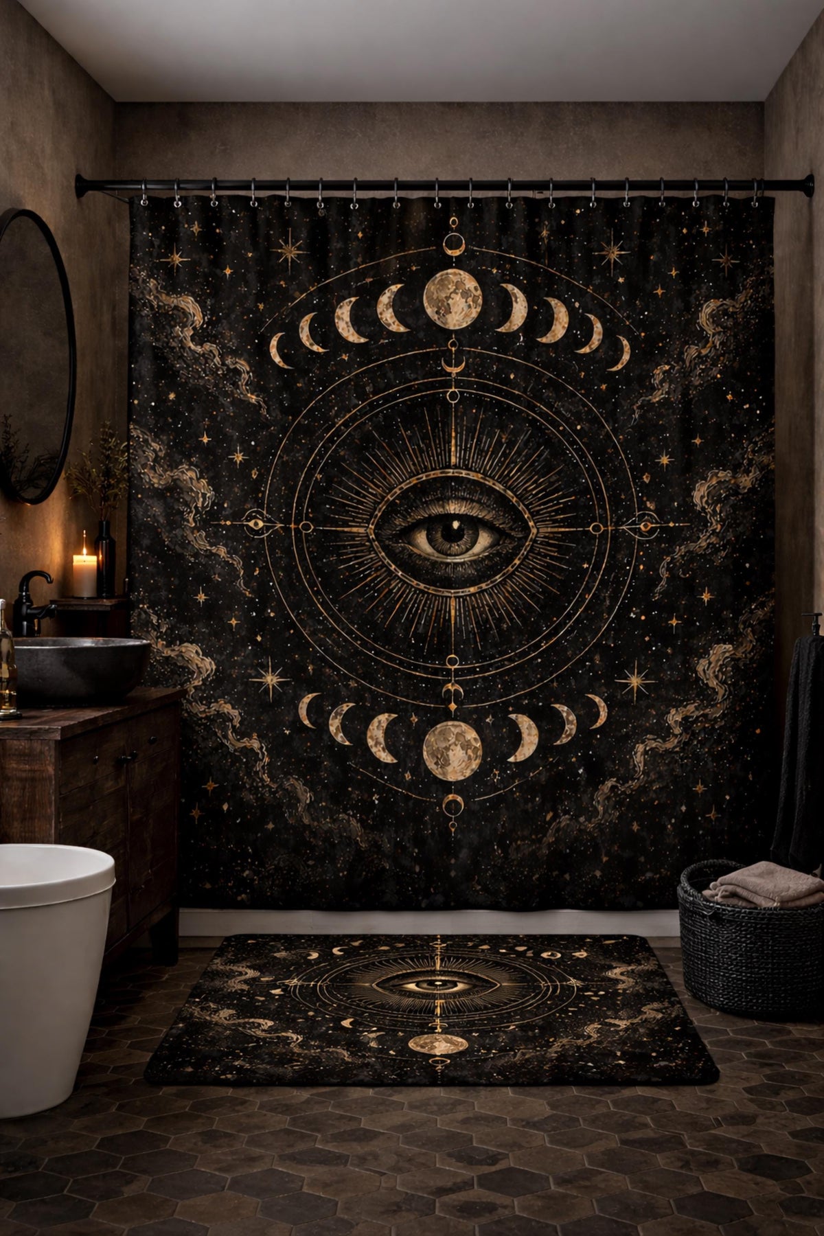 Gothic celestial cosmic bathroom decor with moon phase shower curtain and matching bath mat featuring all seeing eye design in black and gold