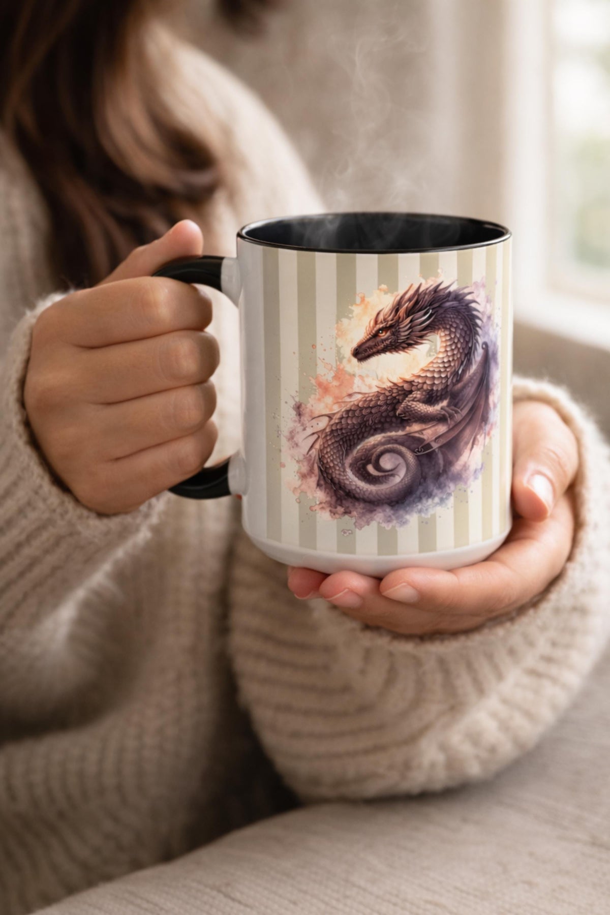 Watercolor Dragon Striped Background Mug | Fantasy Coffee Mug | Mythical Creature Tea Cup | Gothic Aesthetic Gift 11oz 15oz