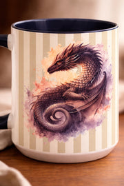 Fantasy dragon coffee mug with soft watercolor design and modern striped backdrop, gothic aesthetic drinkware