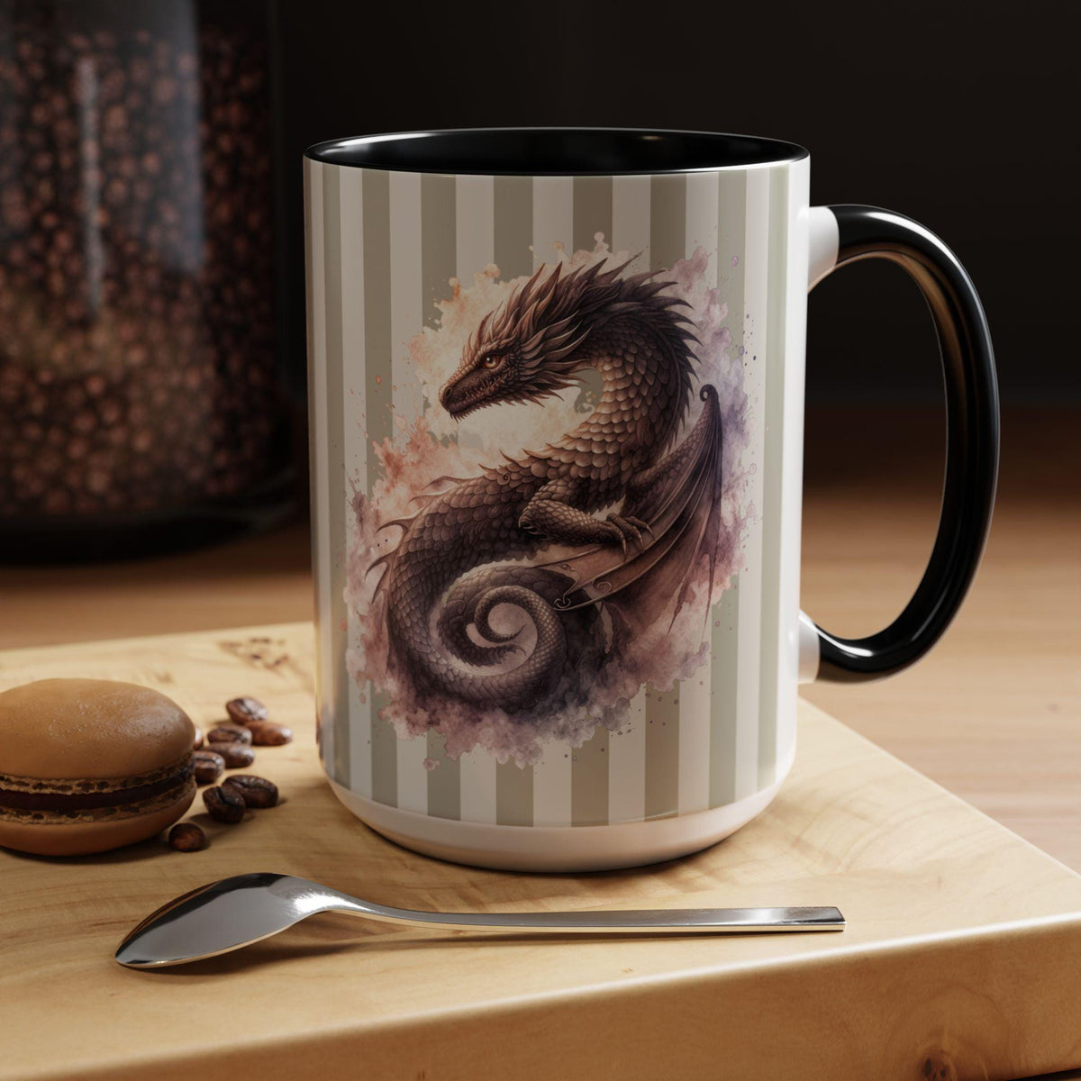 Watercolor dragon design on ceramic mug with soft pastel tones and detailed scales, fantasy gift idea