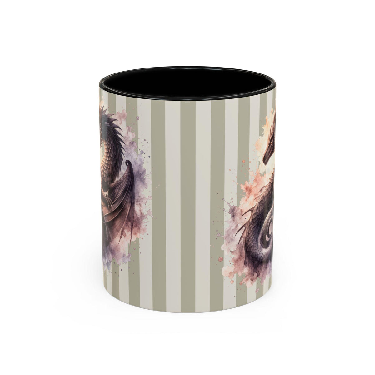 Unique dragon tea cup with watercolor illustration and neutral striped background, artistic gift