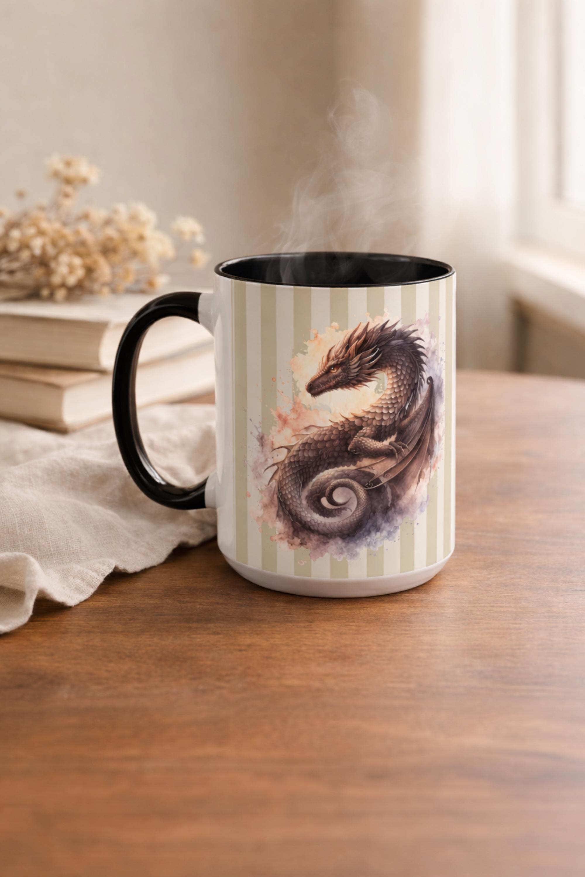 Watercolor dragon mug with striped background featuring detailed fantasy creature artwork on ceramic coffee cup