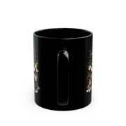 Black ceramic 11oz mug featuring the handle on the mug with a cute watercolor dragon with glowing eyes, styled on rustic wood table with candle, coffee beans, and cozy kitchen background