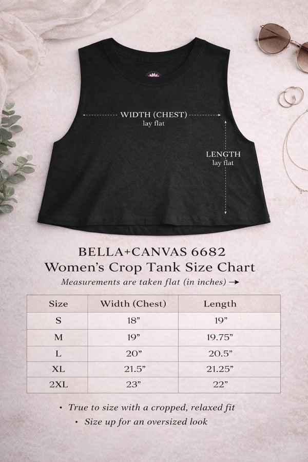 Bella Canvas 6682 size chart for women’s cropped tank top featuring vintage skull with roses graphic and “Vintage Soul” text, styled on model with edgy streetwear aesthetic
