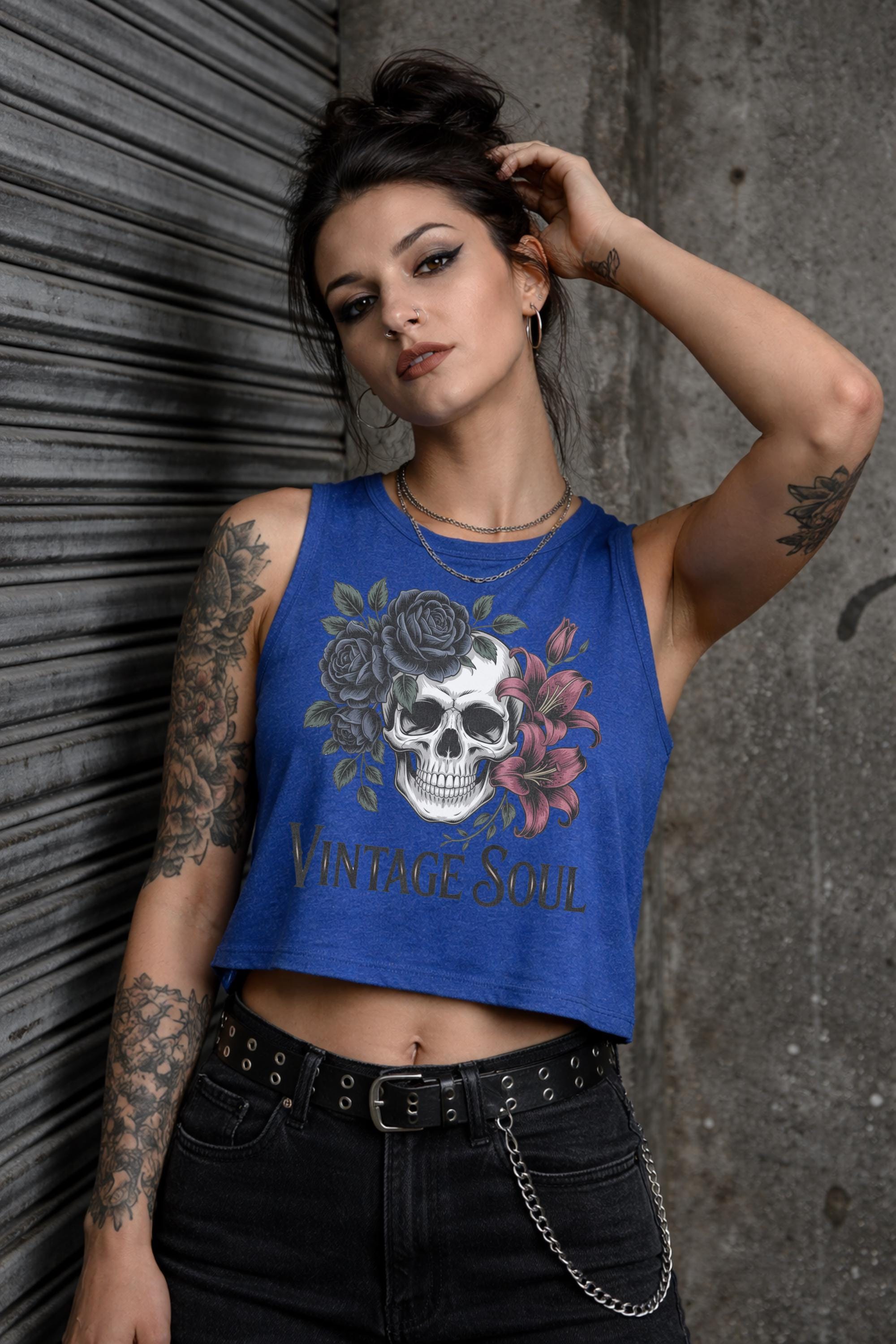 Bella Canvas 6682 women’s cropped tank top featuring vintage skull with roses graphic and “Vintage Soul” text, styled on model with edgy streetwear aesthetic
