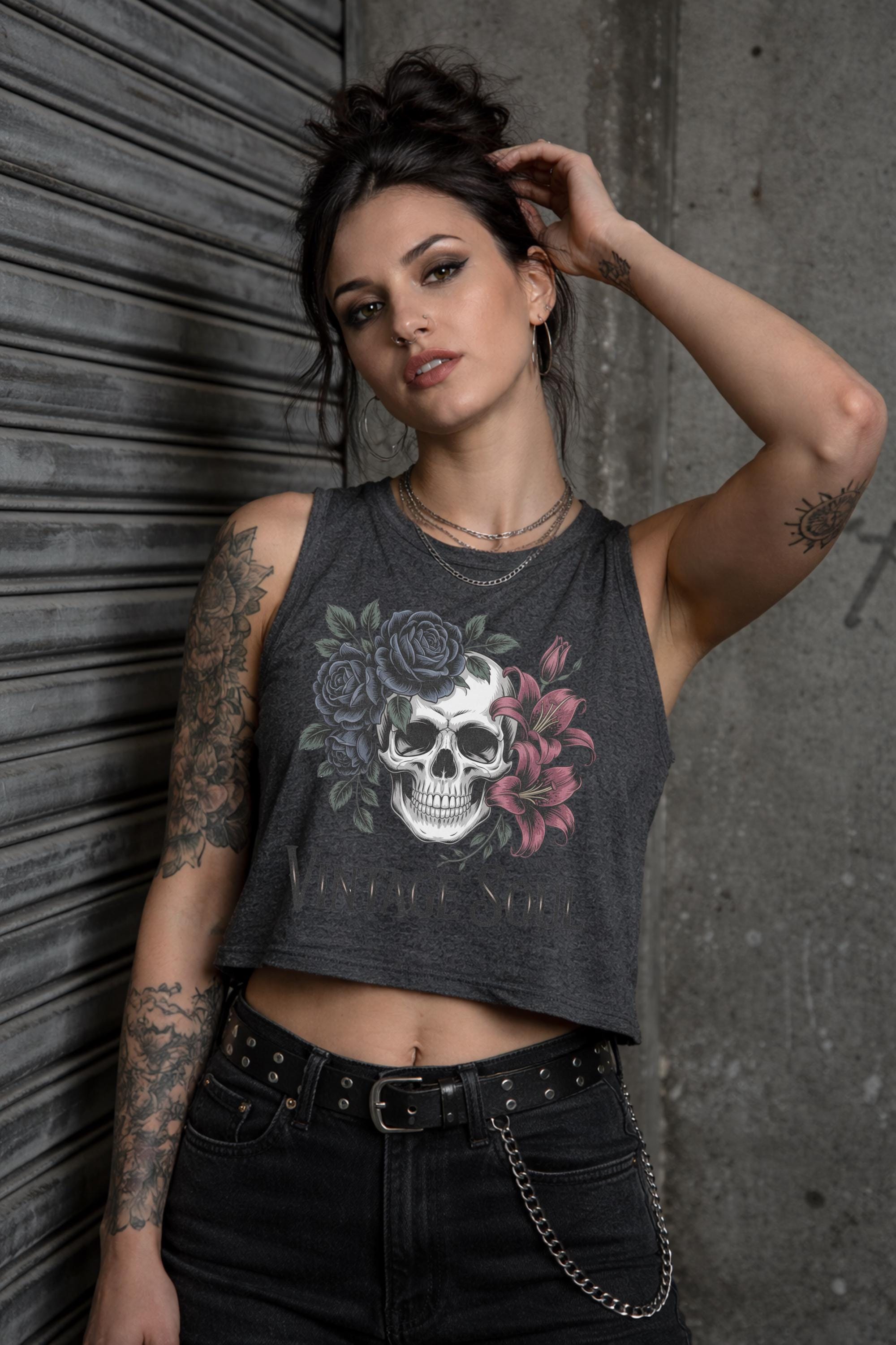 Bella Canvas 6682 women’s cropped tank top featuring vintage skull with roses graphic and “Vintage Soul” text, styled on model with edgy streetwear aesthetic
