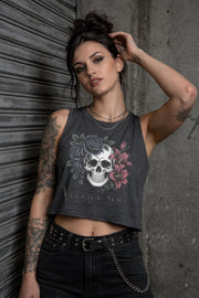 Bella Canvas 6682 women’s cropped tank top featuring vintage skull with roses graphic and “Vintage Soul” text, styled on model with edgy streetwear aesthetic