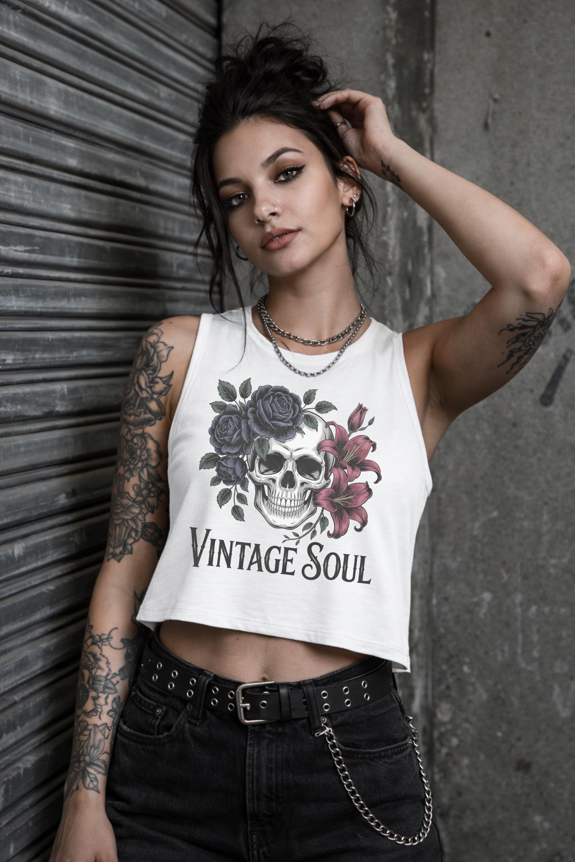 Bella Canvas 6682 women’s cropped tank top featuring vintage skull with roses graphic and “Vintage Soul” text, styled on model with edgy streetwear aesthetic