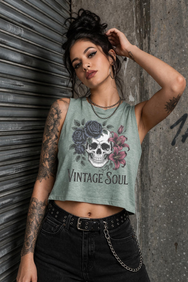 Bella Canvas 6682 women’s cropped tank top featuring vintage skull with roses graphic and “Vintage Soul” text, styled on model with edgy streetwear aesthetic