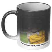 11oz color changing mug with personalized photo and “A Little Magic Inside” text, featuring black handle and custom image reveal design on ceramic cup