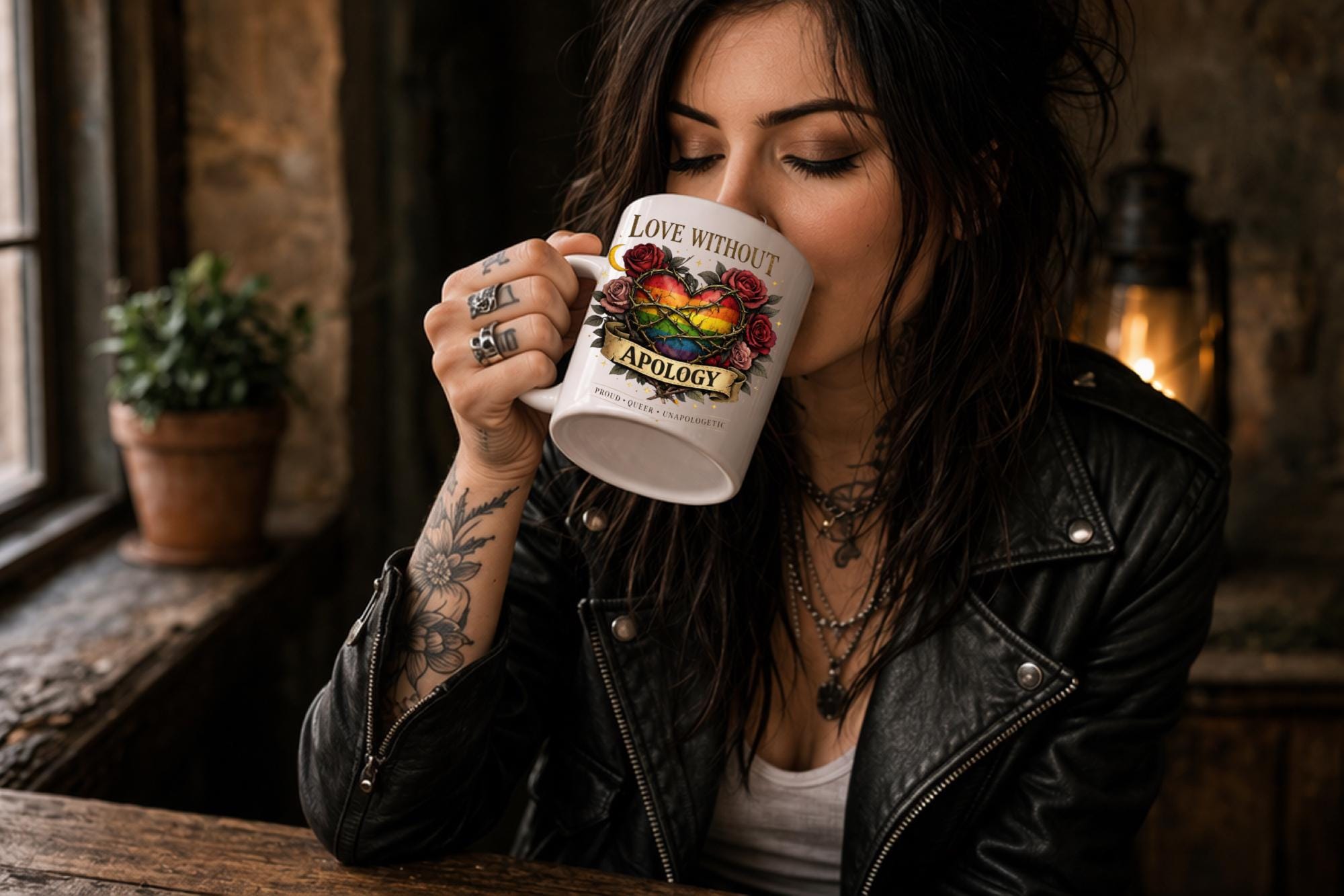 White ceramic 15oz mug featuring rainbow heart with roses and “Love Without Apology” text, styled on rustic kitchen table with muffins and coffee background