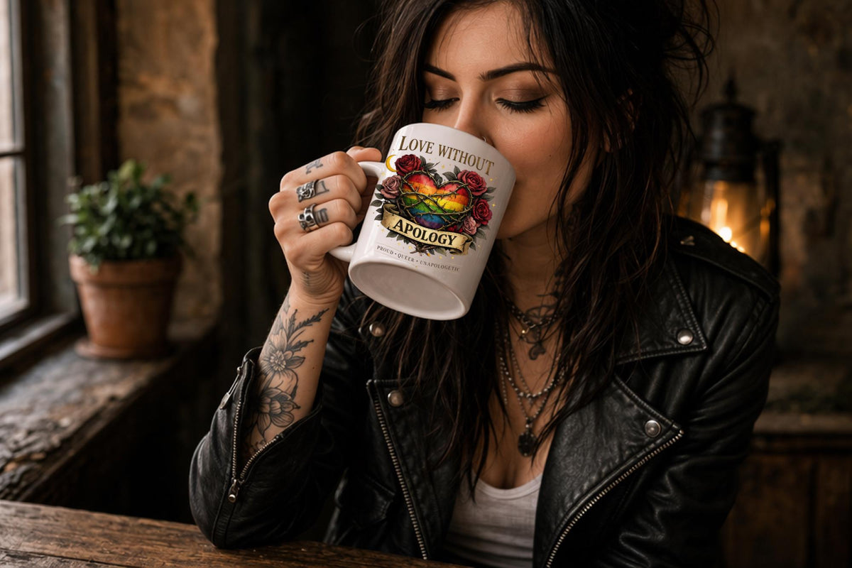 White ceramic 15oz mug featuring rainbow heart with roses and “Love Without Apology” text, styled on rustic kitchen table with muffins and coffee background