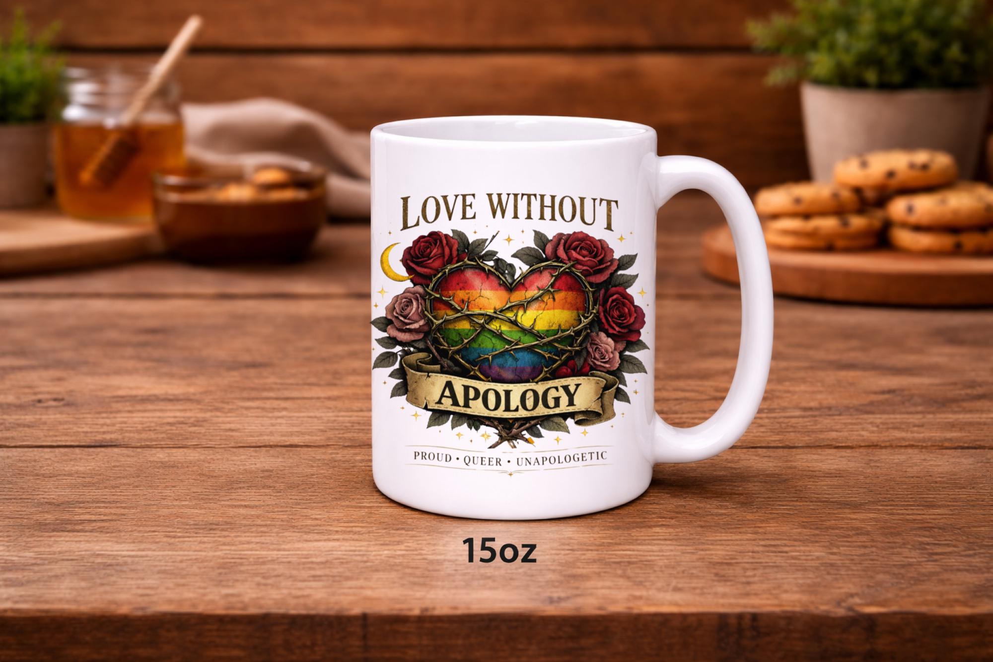 White ceramic 15oz mug featuring rainbow heart with roses and “Love Without Apology” text, styled on rustic kitchen table with muffins and coffee background