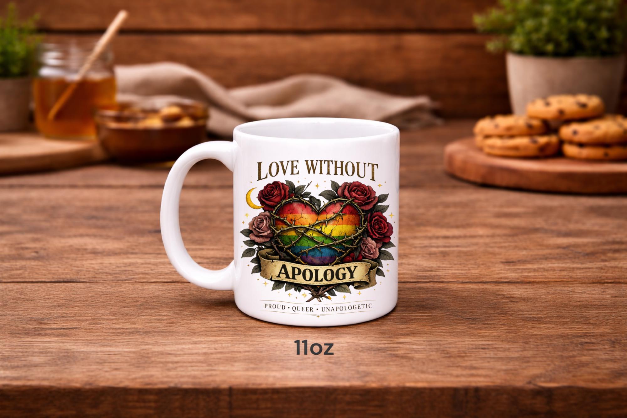 White ceramic 11oz mug featuring rainbow heart with roses and “Love Without Apology” text, styled on rustic kitchen table with muffins and coffee background