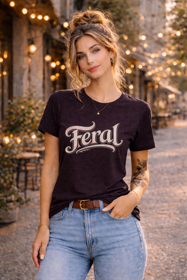 feral shirt oxblood black graphic tee bella canvas 3001 edgy aesthetic women outfit casual streetwear