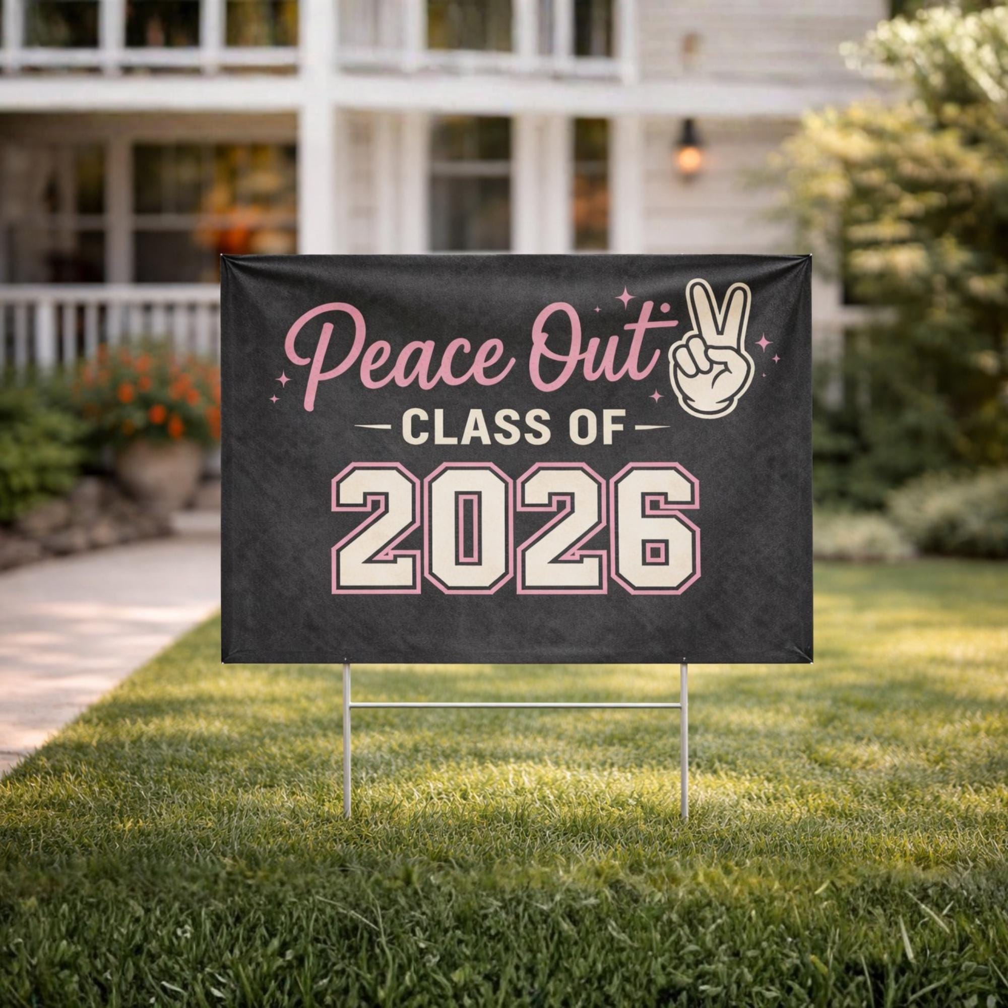Sassy Class of 2026 yard sign with Peace Out design and pink lettering, outdoor graduation decor displayed in front yard