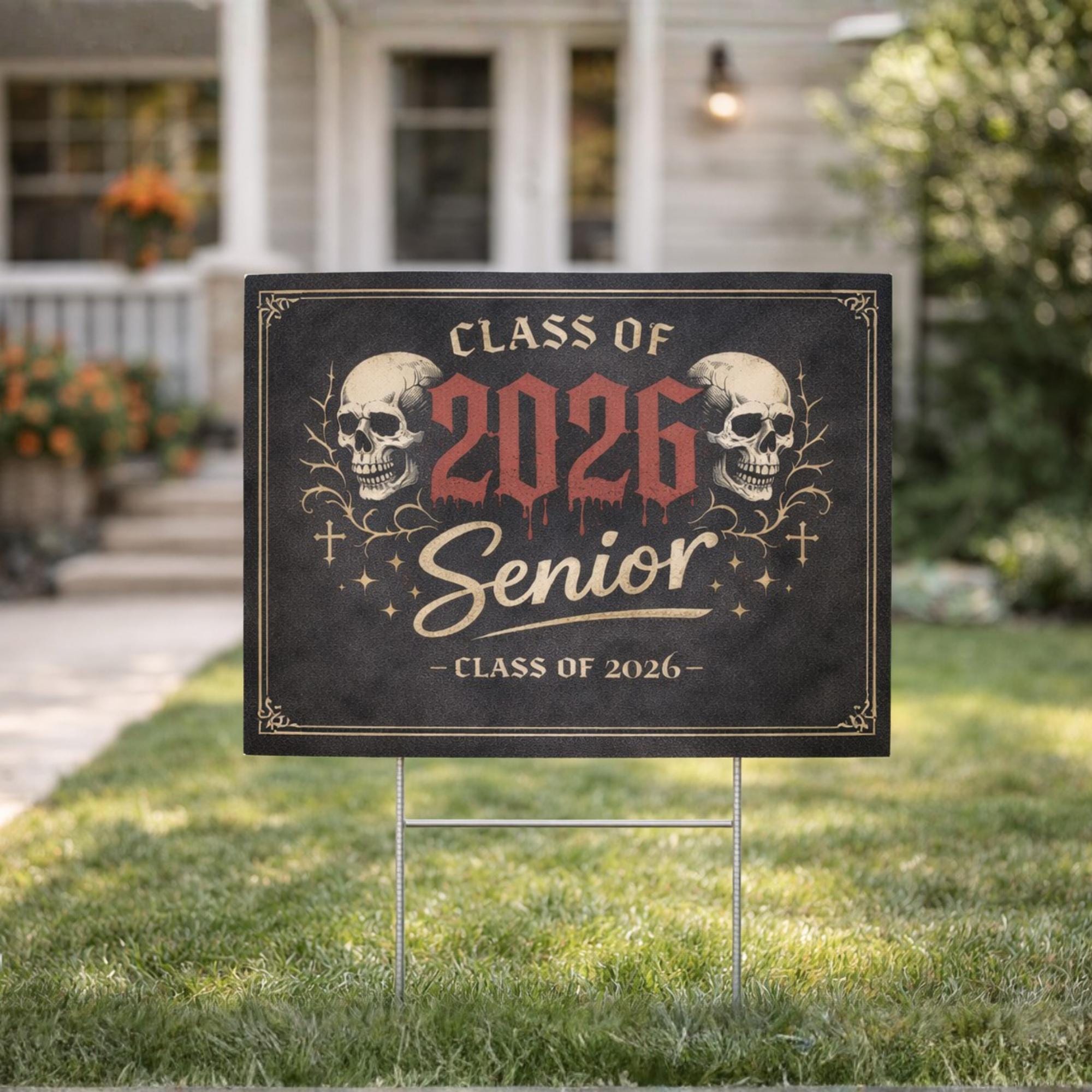 Gothic Class of 2026 graduation yard sign with skull design displayed on lawn, edgy senior decor for outdoor graduation celebration
