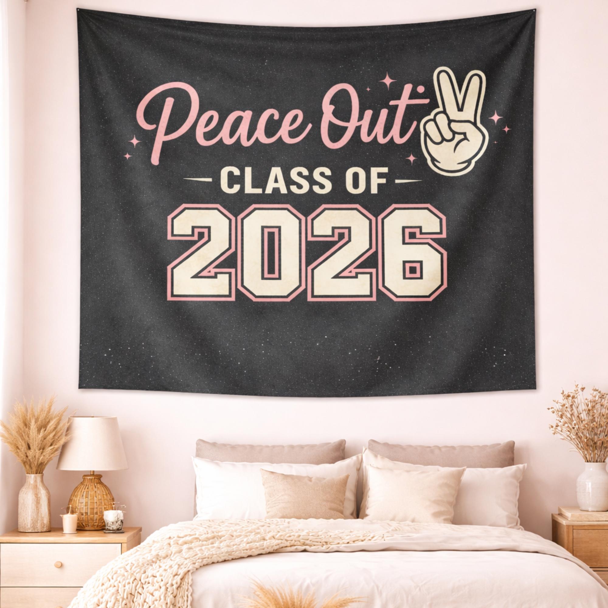 Class of 2026 graduation banner tapestry with peace sign design in black and pink, shown as bedroom wall decor for senior celebration