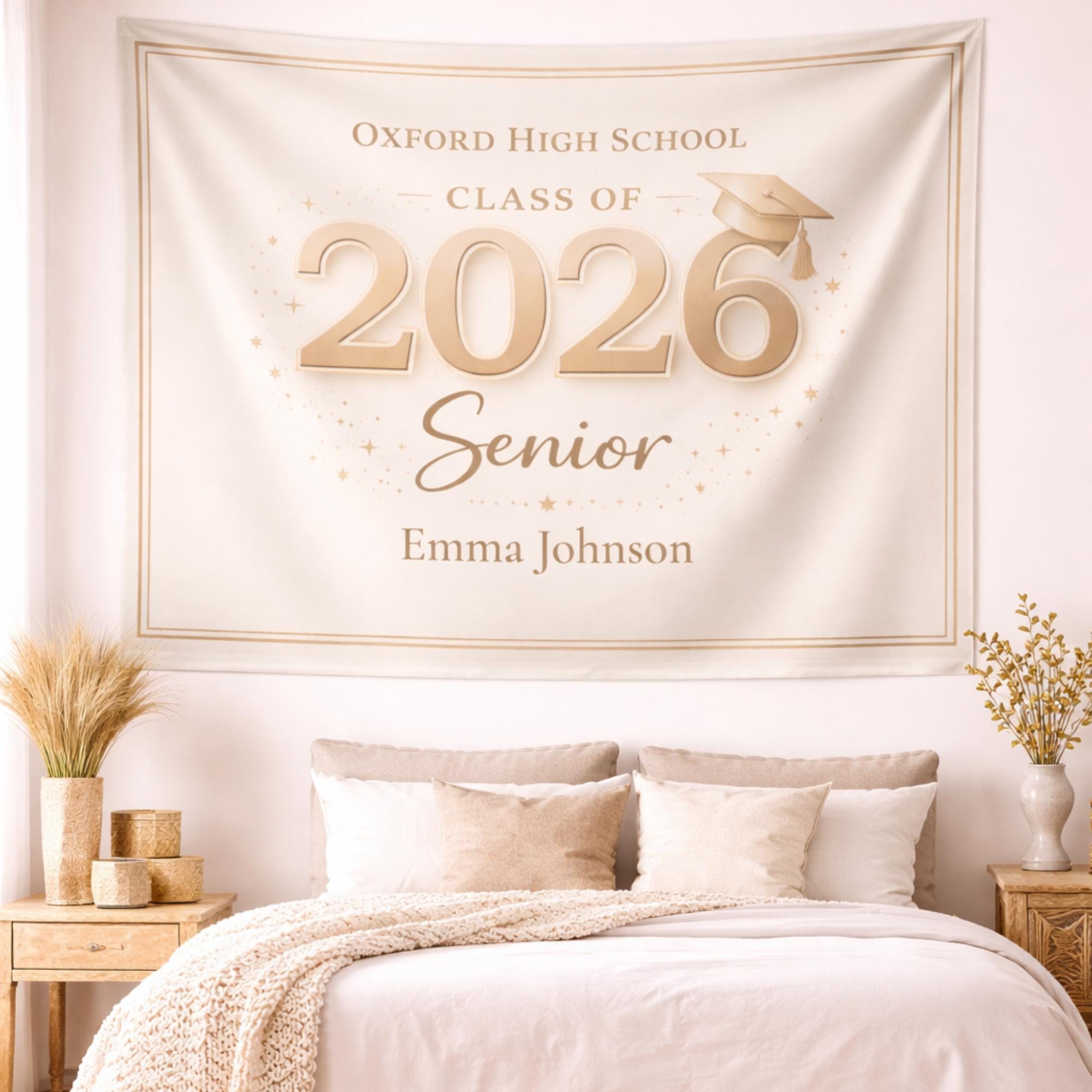 Graduation tapestry banner Class of 2026 with custom name, black and gold design displayed as wall decor in home with multiple size options